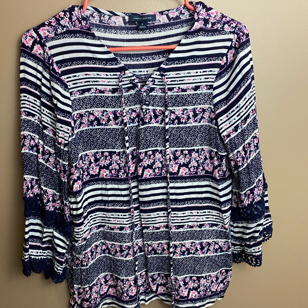 Tommy Hilfiger Navy Tie Stripped Long Sleeve